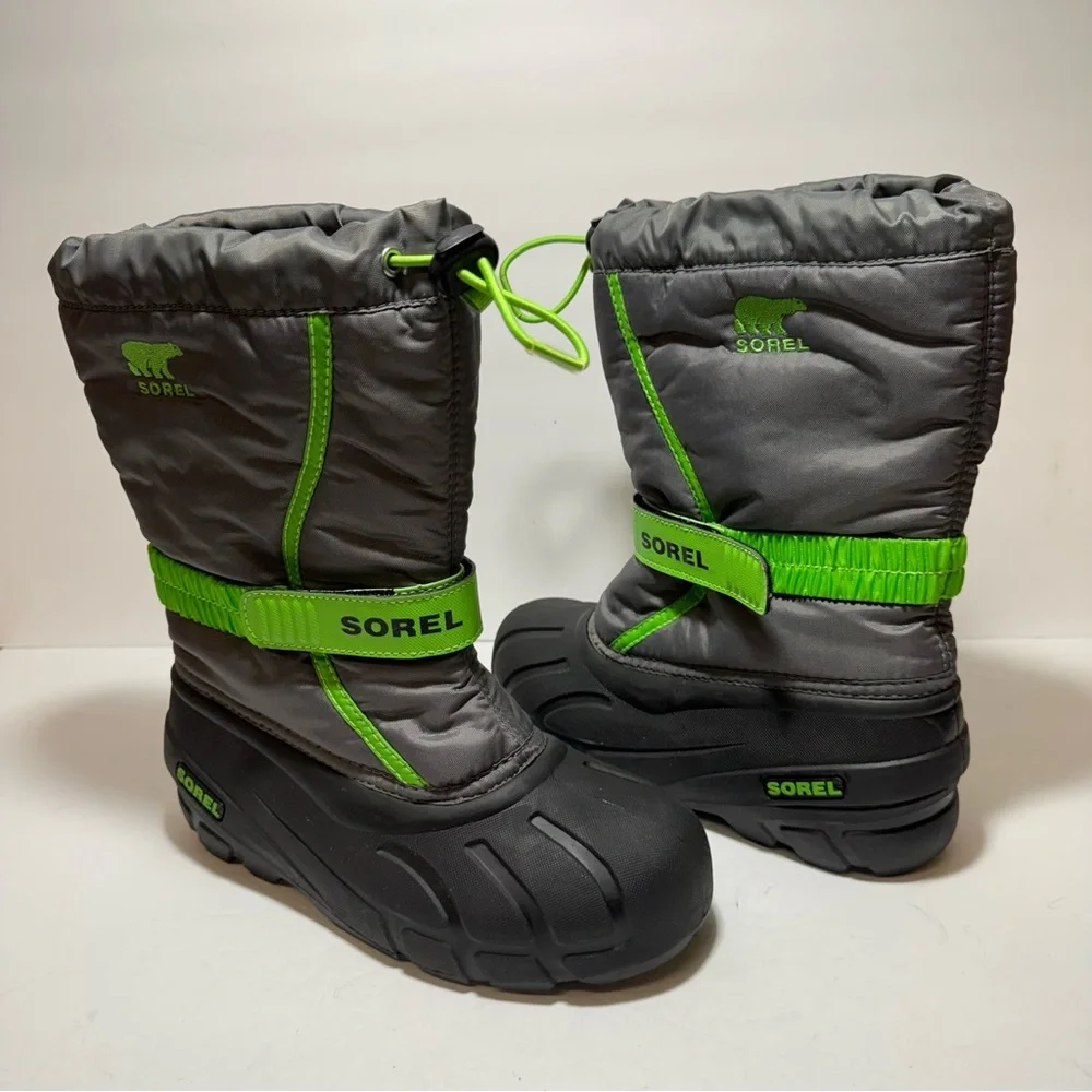 Sorel Flurry Grey Green Waterproof Felt Lined Lug Sole Snow Boots Big Boy Sz 5